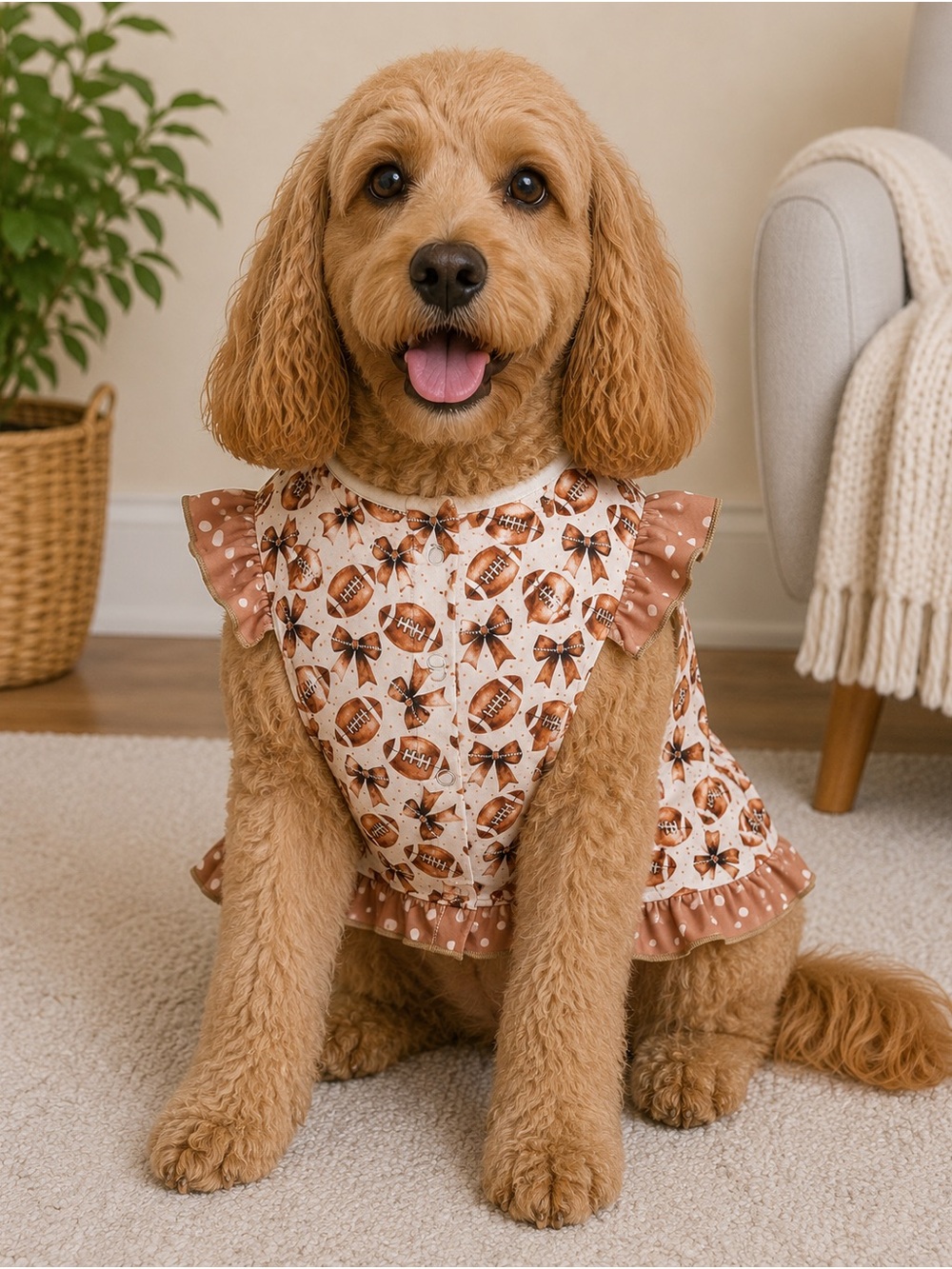 Football-Print Ruffle Dog Dress in Brown & Cream, Griffy & Drake Large 20-29lbs